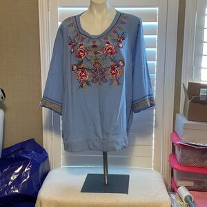 Floral Embroidered Light Blue Blouse